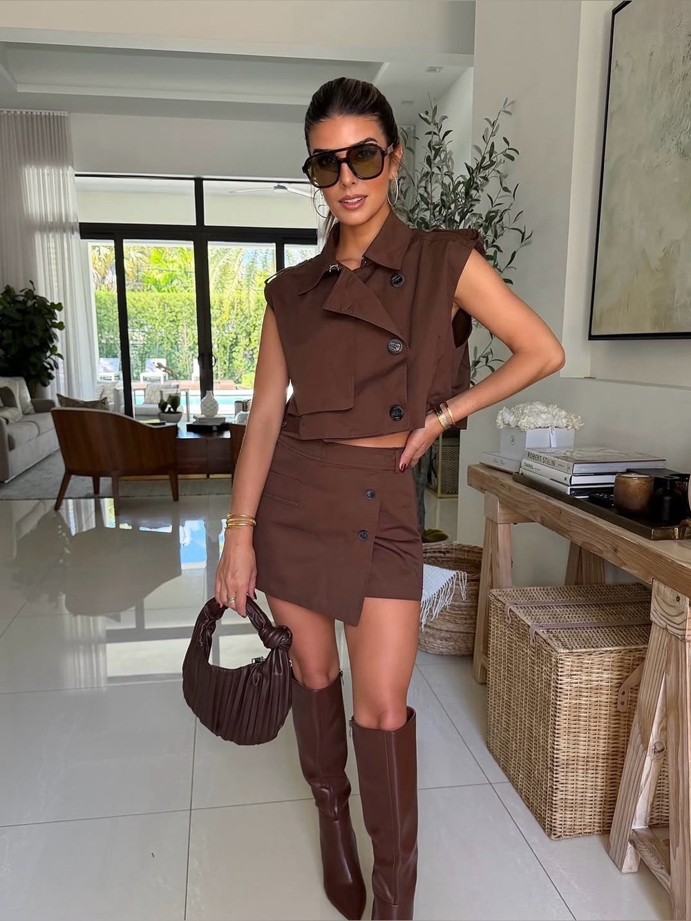 Brown Sleeveless Crop Jacket & Mini Skirt Set